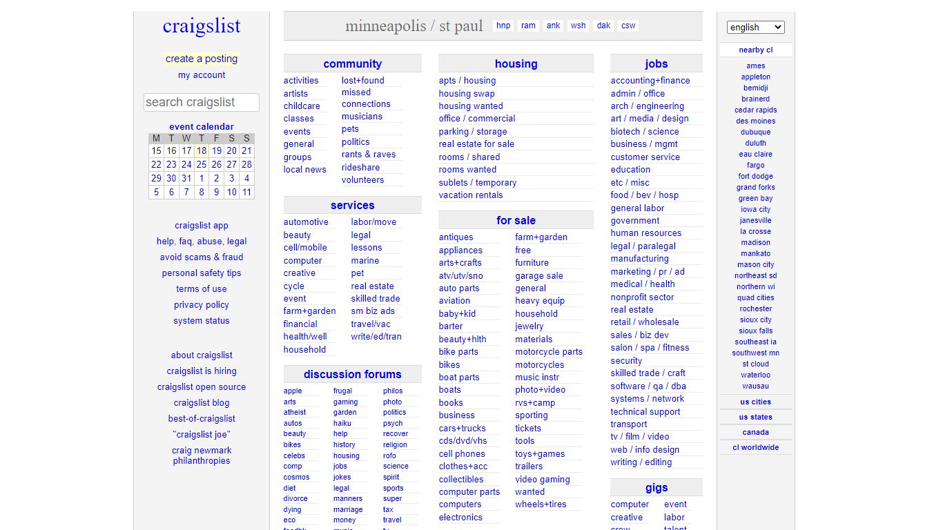 craigslist: minneapolis jobs, apartments, for sale, services, community ...